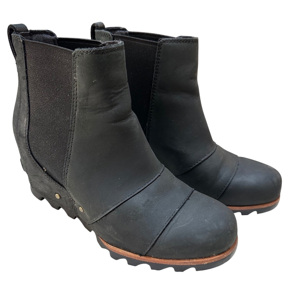 Sorel Lea Wedge Black Leather Waterproof Chelsea Ankle Boots Womens Size 8